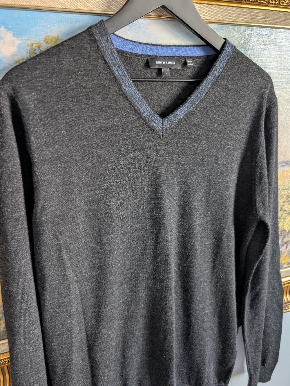 Jared Lang Charcoal V-Neck Sweater with Blue Trim